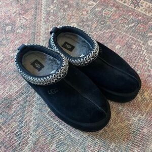 UGG Black Suede Slip-Ons with Patterned Trim